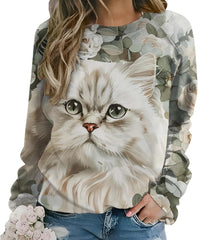 Women's Cat Sweatshirts Oil Painting Print Tunics Crewneck Long Sleeve Funny Graphic Pullover Fall Loose Casual Tops