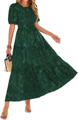 KIRUNDO Womens Summer Dresses Wedding Guest Floral Midi Sundress Short Puff Sleeve Flowy A Line Smocked Tiered Boho Dress