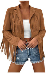 Women's Fringe Faux Suede Leather Jackets Trendy Open Front Fall Western Jacket 2025 Tassel Motorcycle Cropped Coats