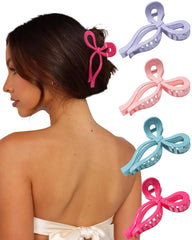 4 PCS Bow Hair Clips Bow Claw Clip for Women Nonslip Large Hair Claw Clips for Thin and Thick Hair Strong Hold Hair Bows (Black+Light Brown+Off-White+Dark Brown)