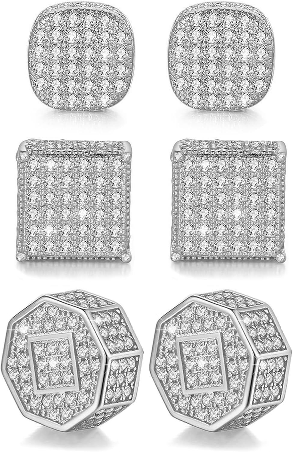 Earrings for Men-Gold Plated Earrings Silver Stud Earrings for Sensitive Ears Hypoallergenic Large Circle Square CZ Mens Earrings Set Aretes De Hombre