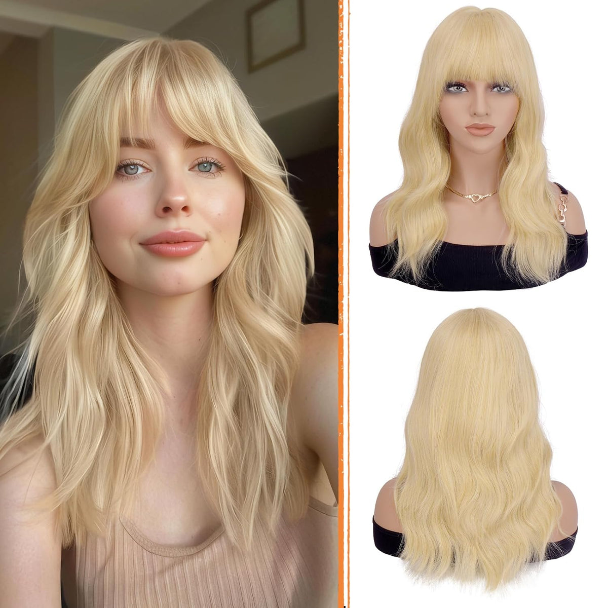 Haloo Brown Wigs with Bangs - 19 Inch Natural Wavy Synthetic Heat Resistant Medium Length Hair Wigs for Women Daily Party, Blonde Mixed Brown