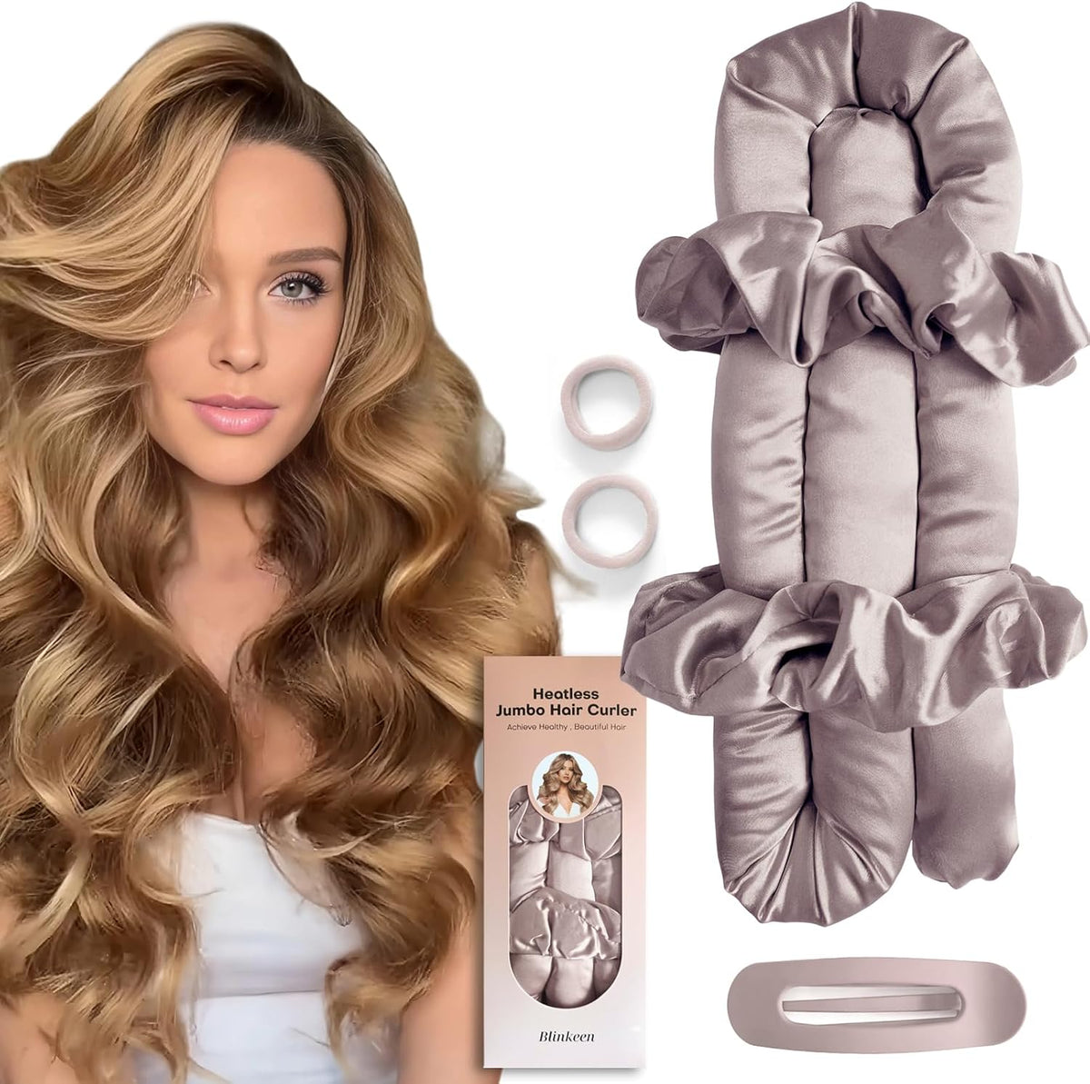 Jumbo Heatless Hair Curler Set-Satin Heatless Curls Overnight, Jumbo Curling Rod Headband, No Heat Curlers to Sleep in (Brown)