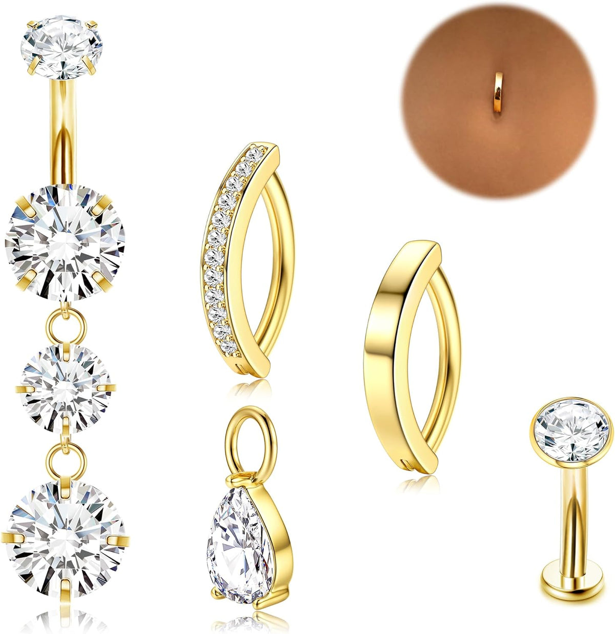 LOLIAS Gold Belly Button Ring - 14G Surgical Stainless Steel Belly Rings Hypoallergenic Clicker Belly Button Piercings for Women CZ Dangle Belly Button Rings Navel Piercing Pack Silver/Gold