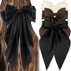 3Pcs Silky Satin Hair Bows for Women, Large Hair Barrettes, French Cute Hair Clips with Long Tails, Mexican Accessories (Beige, Khaki, Black)