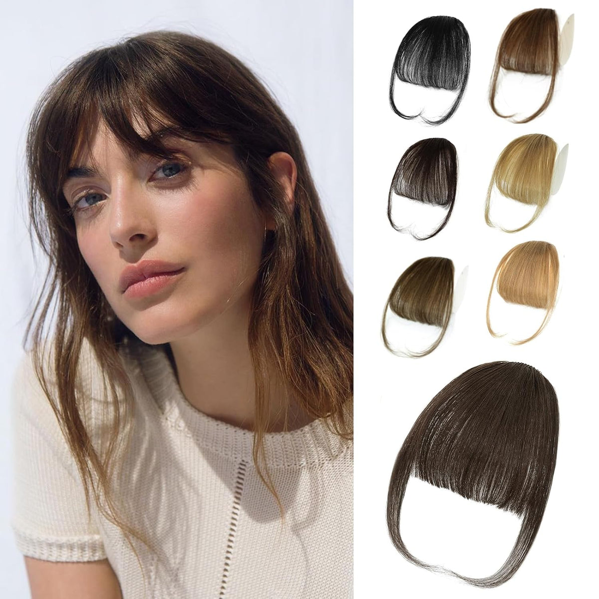 NAYOO Bangs Hair Clip -Ash Blonde Fake Bangs 100% Real Human Hair Extensions Wispy Bangs for Women Fringe with Temples Hairpieces Curved Bangs for Daily Wear