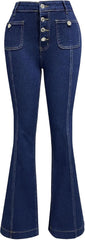 Women's Flare Bell Bottom High Waist Jeans Y2k Vintage Stretch Bootcut Denim Flap Pocket Trouser with Multi-Buttons