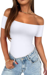 REORIA Women Sexy Off The Shoulder Short Sleeve Backless Basic Double Lined Thong Bodysuit Tops