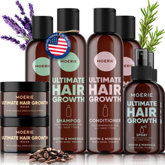 Moerie Shampoo and Conditioner Plus Hair Mask and Spray Mega Pack – The Ultimate Growth Care – For Longer, Thicker, Fuller Hair - Volumizing Products – Paraben & Silicone Free - 4 items