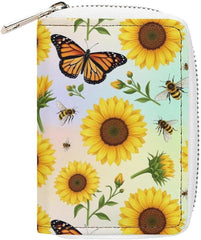 Pu Leather Zipper Slim Wallet Bag for Women, Cool Wolf Flower Art Credit Card Holder Organizer with 20 Card Slots Portable Mini Purse
