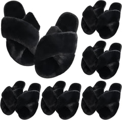 VAIPI 6 Pairs Womens Cross Band Slippers Fuzzy Plush House Bridesmaid Slipper White | Black | Pink Open Toe Fluffy Slipper Soft Warm Bridal Slippers