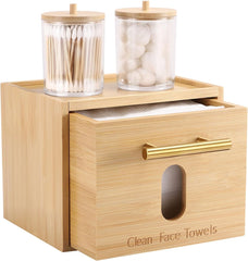 Disposable Face Towel Holder Bamboo Storage Box with 60 XL Towels, Cotton Balls Holders, Facial Towels Container Box with Drawer, Towel XL Organizer for Bathroom, Makeup Remover Dry Wipes Washcloths