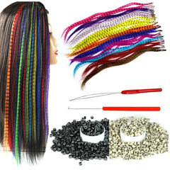 Synthetic Feather Hair Extensions for Women 16 Inch Hairpieces With100pcs Silicone Micro link Beads And 2 Crochet Hooks Hair Feathers with Tools Kit (16'', 12 feather mix colors)