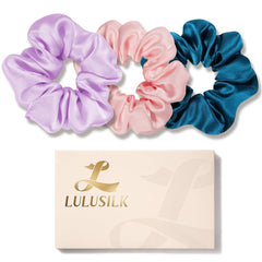 LULUSILK Silk Scrunchies for Hair Sleep, 100% Real Mulberry Silk, No Damage Silk Hair Ties for Women and Girls, Classic Black, Pack of 3