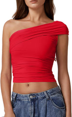 QINSEN Womens Sleeveless Foldover Top Double Lined One Shoulder T Shirts Summer Trendy Going Out Crop Tops