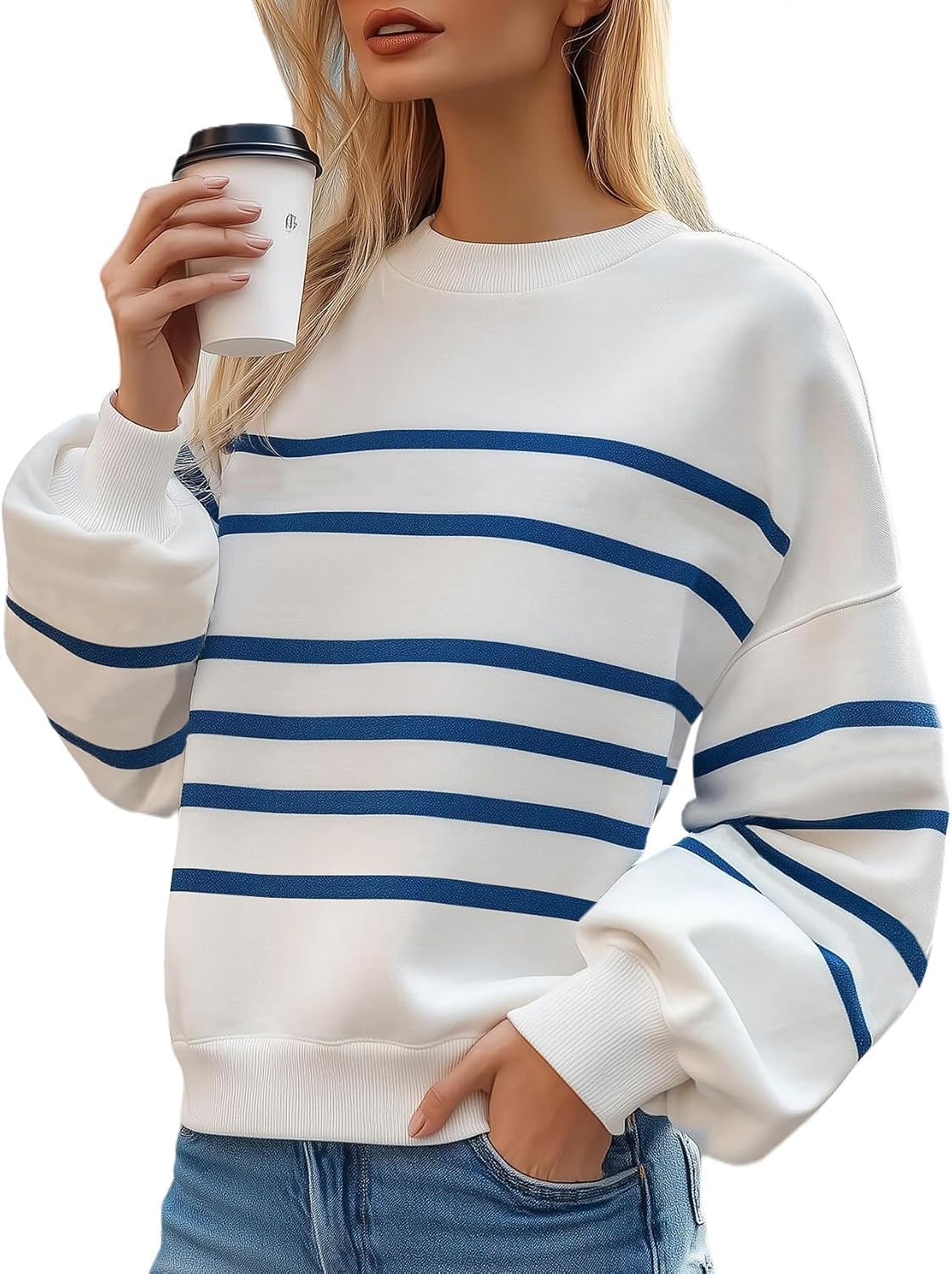 MsavigVice Women's Striped Sweatshirts with Pockets Color Block Long Sleeves Crew Neck Pullover Casual Loose Stylish Tops