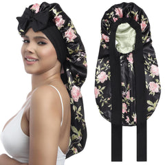 AWAYTR Long Satin Bonnet for Women - Double Layer Elastic Silk Bonnet for Braids Hair Sleeping Cap with Tie Band (Champagne)