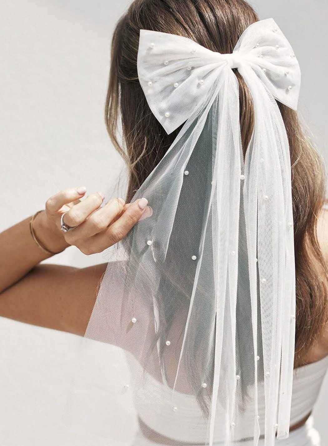 JEAIRTS Bridal Hair Bow Veil Pearl Wedding Hair Piece White Tulle Bow with Clip Bachelorette Party Hair Accessories for Women