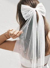 JEAIRTS Bridal Hair Bow Veil Pearl Wedding Hair Piece White Tulle Bow with Clip Bachelorette Party Hair Accessories for Women