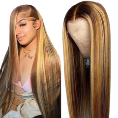Cypha Ombre Lace Front Wig Human Hair Honey Blonde 13x4 HD Straight Lace Front Wigs 180% Density 4/27 Colored Highlight HD Lace Frontal Wigs For Women Glueless Pre Plucked with Baby Hair 30inch