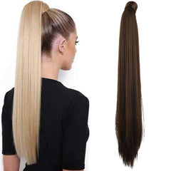 SEIKEA 28 Inch Clip in Ponytail Extension Wrap Around Long Straight Pony Tail Hair Synthetic Hairpiece for Women Color Blonde with Pale Gold Highlights