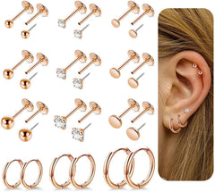 12 Pairs 20G 316L Stainless Steel Threadless Stud Earrings for Multiple Piercing Small Huggie Hoop Earrings Flat Back Tiny Stud Earring for Cartilage Helix Tragus Lobe