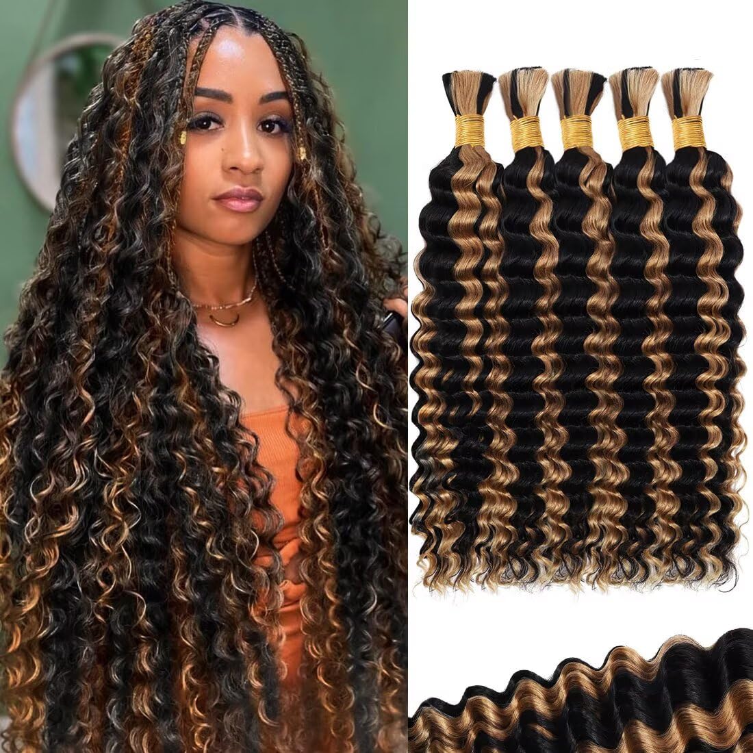 Human Braiding Hair for Boho Braids 160g 5 Bundles/Pack 18 Inch Curly Boho Hair for Braiding Knotless 12A Deep Wave Bulk Bohemian Natural Black