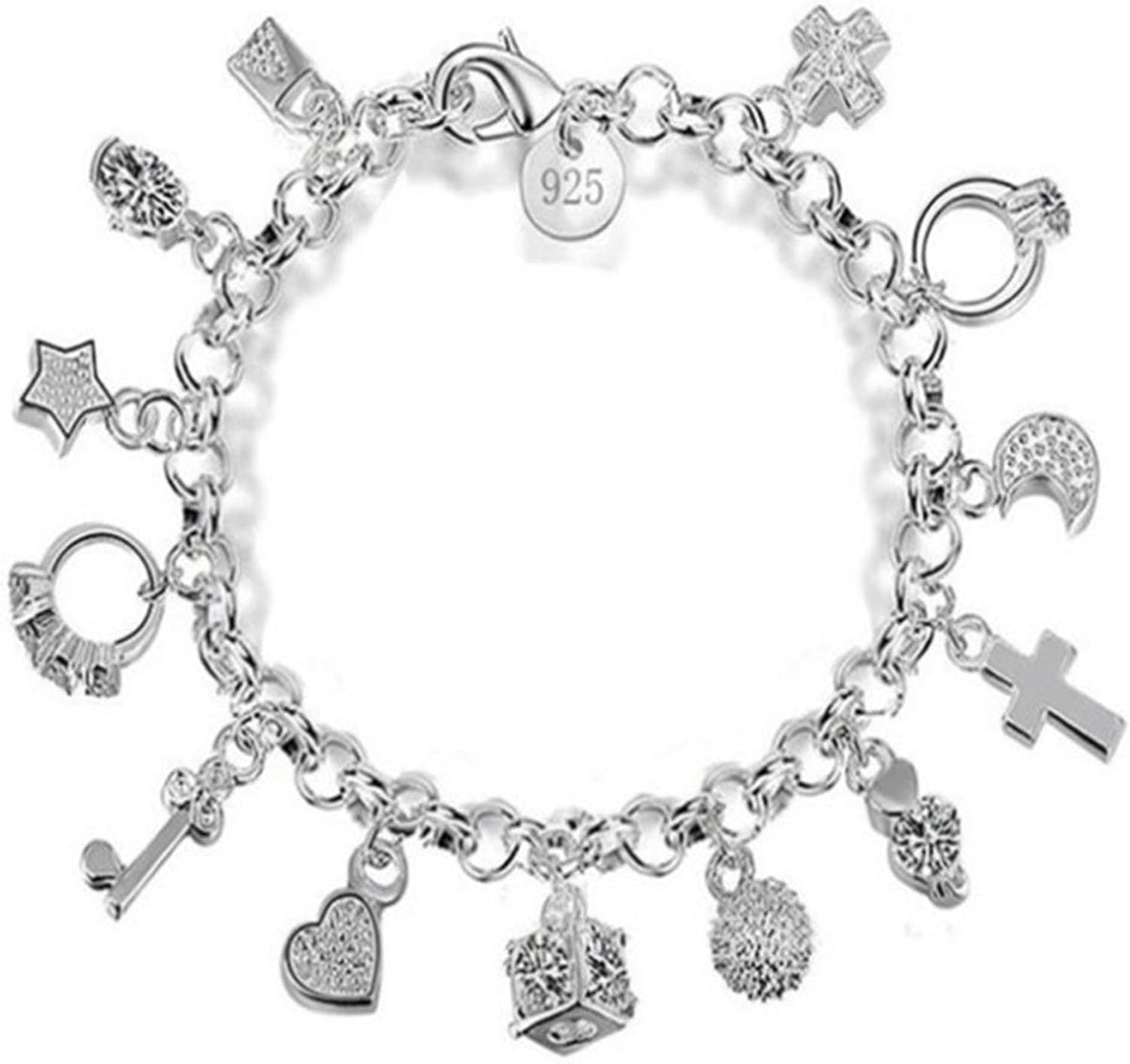 Sterling Silver Charm Bracelet Thirteen Hanging Link Bracelet Jewelry Gifts for Women