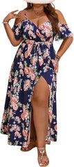 Floerns Women's Plus Size Cold Shoulder Short Sleeve Split Thigh Long Dress