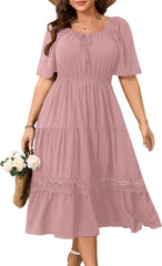 RWJ Women's Plus Size Maxi Dress Short Sleeve Square Neck Flowy A-Line Lace Trim Flutter Party Casual Off Shoulder Dresses