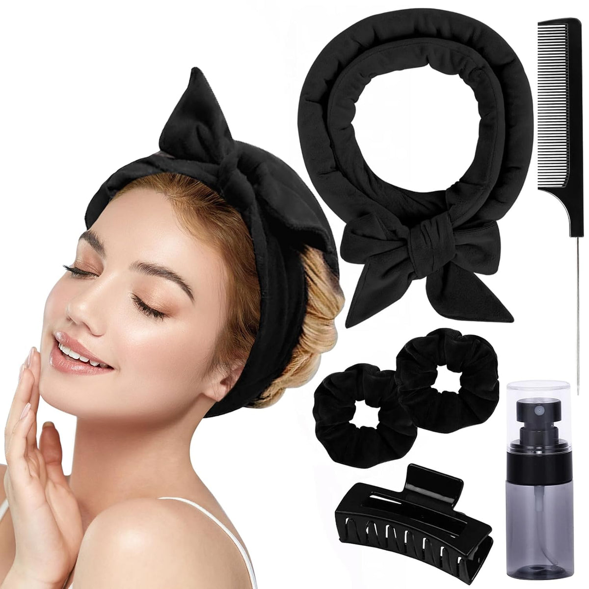 Heatless Velvet Hair Curlers to Sleep in Heatless Curls Overnight for Long Hair, No Heat Curling Rod Headband for Women All Hair Types -6 Pieces Set (Khaki)