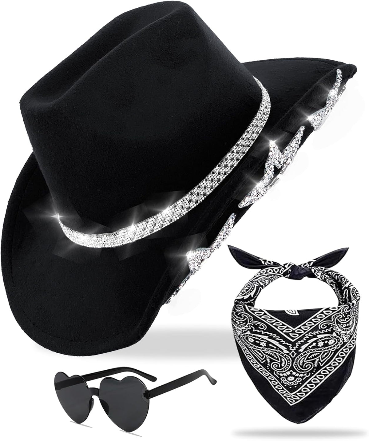 Cowboy Hat for Women Men 6 Sparkly Stars Brim & Rhinestone Belt Western Cowgirl Hat with Sunglasses Bandanas