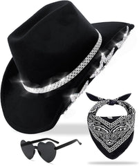 Cowboy Hat for Women Men 6 Sparkly Stars Brim & Rhinestone Belt Western Cowgirl Hat with Sunglasses Bandanas
