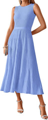BTFBM Women Midi Bodycon Tank Dress Summer Crewneck Sleeveless Pleated A Line Business Casual Knit Sweater Fall Dresses