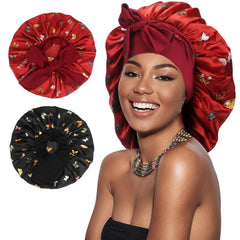 Arqumi 2 Pcs Satin Silk Bonnet for Sleeping Women, Large Long Strap Tie Band Adjustable Sleep Night Cap Hair Bonnet Wrap for Men, Black+Purple
