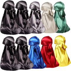 ForceWave 10 Pieces Silky Durags Long Tail for Women Men Satin Durag 360 Wave，Dorag, 10 Pieces