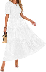 KIRUNDO Womens Summer Dresses Wedding Guest Floral Midi Sundress Short Puff Sleeve Flowy A Line Smocked Tiered Boho Dress