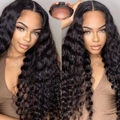 Deep Wave Curly 5x5 Hd Lace Closure Glueless wigs Human Hair Pre Plucked Pre Cut Wear and Go Lace Front Wigs for Black Women Natural Black (28 Inches)