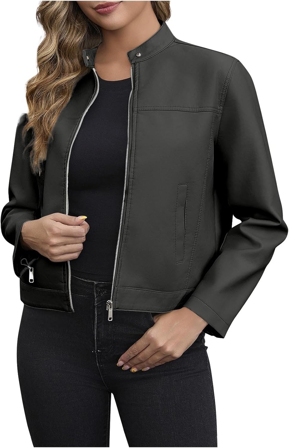 Zip Leather Jackets for Women Motorcycle Faux PU Moto Biker Outerwear Coat Mock Neck Long Sleeve Fashion Jackets