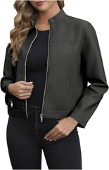 Zip Leather Jackets for Women Motorcycle Faux PU Moto Biker Outerwear Coat Mock Neck Long Sleeve Fashion Jackets