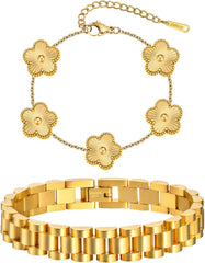 Stackable Gold Floral Bracelets Set , 2pcs 18K Gold Plated Bracelet Non-tarnish,Stainless Steel Link Chain Friendship Bracelet,Watch Band Trendy Jewelry,Christmas Valentines Birthday Gifts for Women