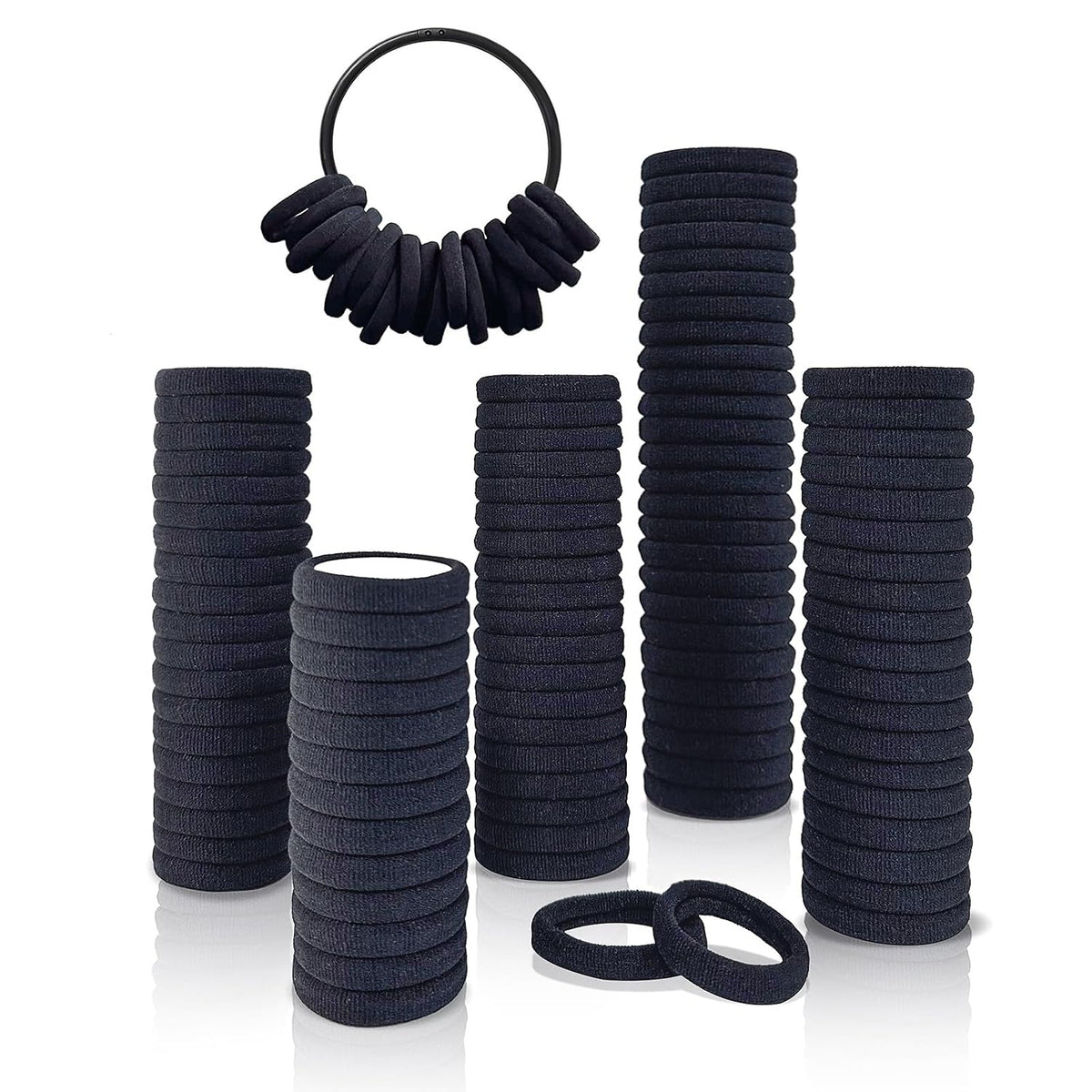 Soft Hair Ties, Black Cotton Seamless Hair Tie with Free Organizer Ring, Premium Hair Bands for Women, Men and Girls (120, BLACK)