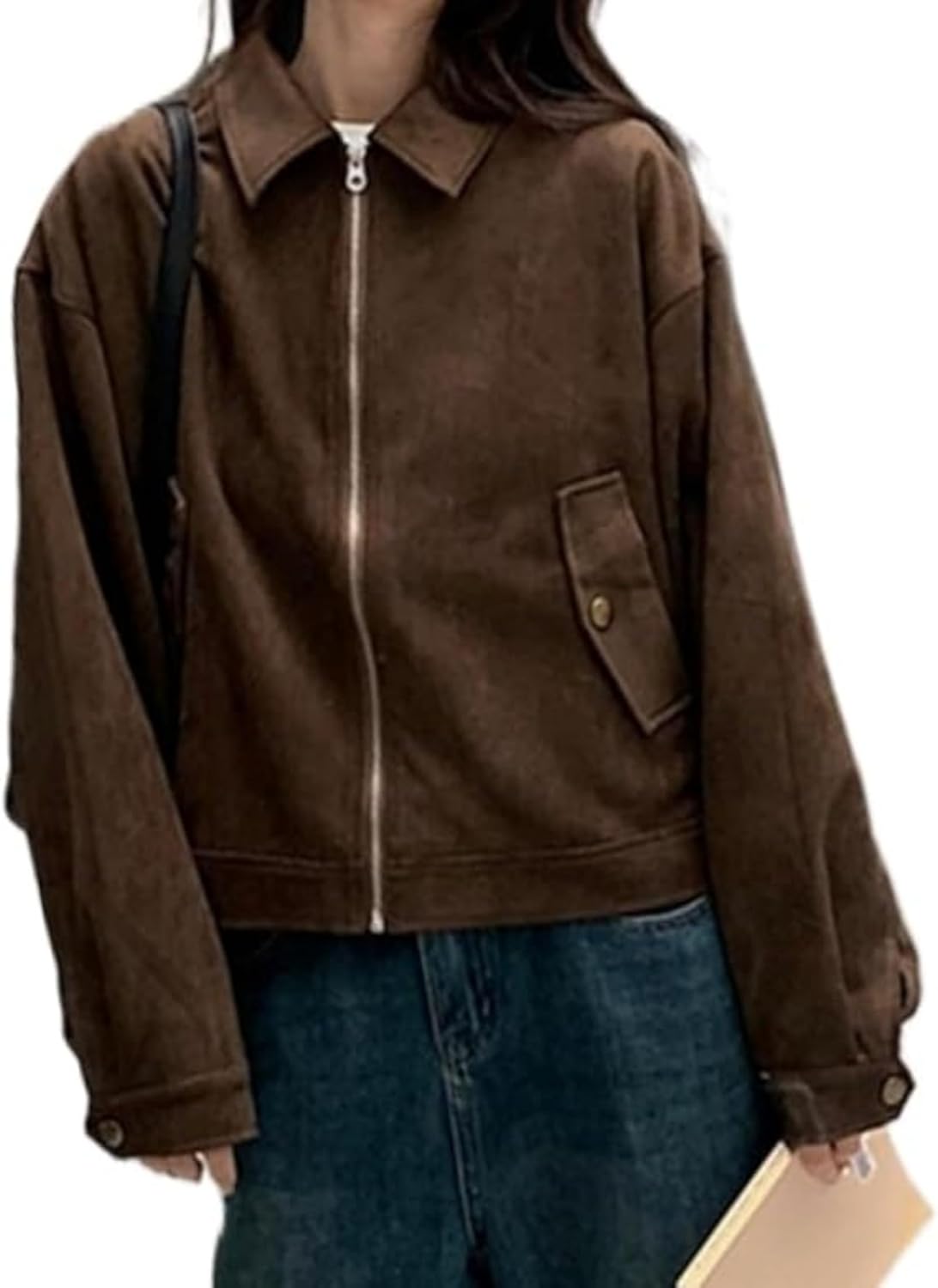 VCM Suede Jacket Women Y2k Jacket Faux Leather Cropped Brown Jacket Women Fall Jackets Fashion 2024 Trendy Bomber Jacket