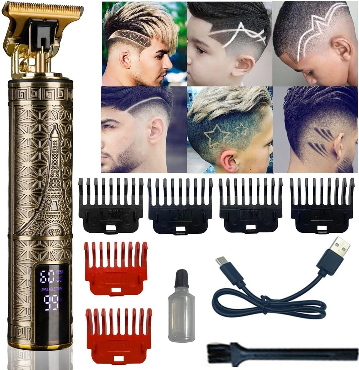 Pro T Clippers, Electric Li Trimmer, Cordless Rechargeable, Professional Bald Headed USB Rechargeable Trimmer for Men (Gold)