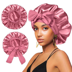 2Pcs Satin Silk Hair Bonnet for Sleeping Women,Large Bonnets with Elastic Wide Tie Band Silk Sleep Cap,Hair Wrap Night Cap with Adjustable Straps for Black Women Curly Hairs Jumbo Bonnet Braid - Pink
