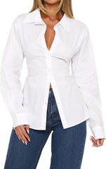 MISSACTIVER Women's Lapel Collar Button Down Shirt Cinch Waist Long Sleeve Casual Work Dressy Tunics Blouse Corset Tops