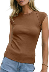 Sidefeel Womens Tops Casual Crewneck Cap Sleeve Tops Ribbed Raw Hem Summer T Shirts Slim Fit Basic Tees Blouses
