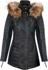 Women's Leather Parka Jacket Quilted Detachable Hooded Trench Coat