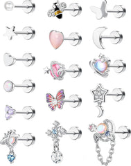 YADOCA 16Pcs Dangle Cartilage Earrings for Women Men Stainless Steel Tragus Stud Earrings 16G and 20G Butterfly Heart CZ Opal Flat Back Earrings Cartilage Tragus Conch Helix Daith Piercing Jewelry