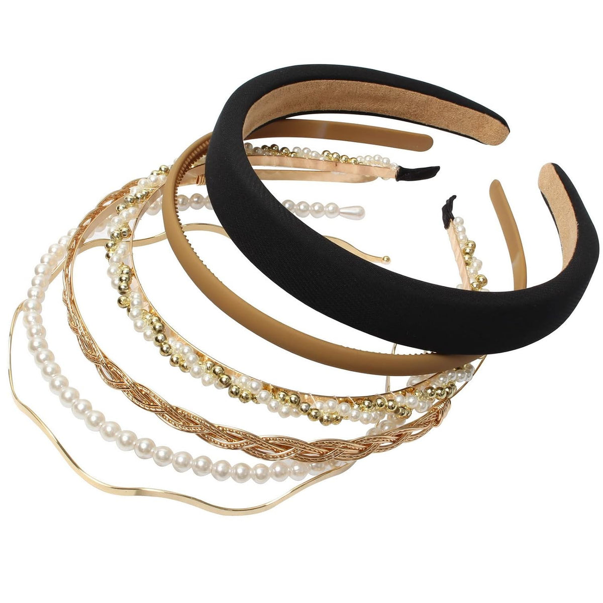 6PCS Different Designs Headbands for Women Gold Metal Hairband,Cute Pearl Hair Bands for Girls,Twisted Head Band,Black Padded Head Bands Set…